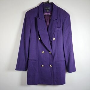 Laura Scott 100% Wool Purple Blazer Jacket Gold Buttons Lined Double Breasted